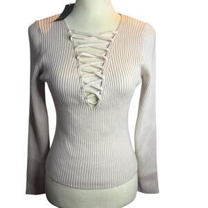 West of Melrose Lace Up Ribbed Knit Top, Beige Long Sleeve, Size Large, NWT